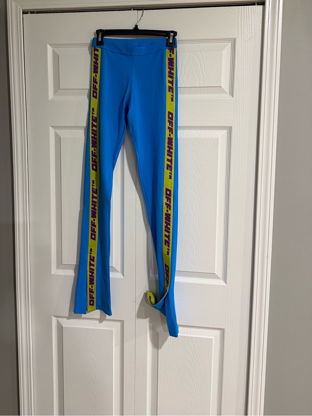 Off-White Bright Blue Leggings with Neon Yellow Logo Tape